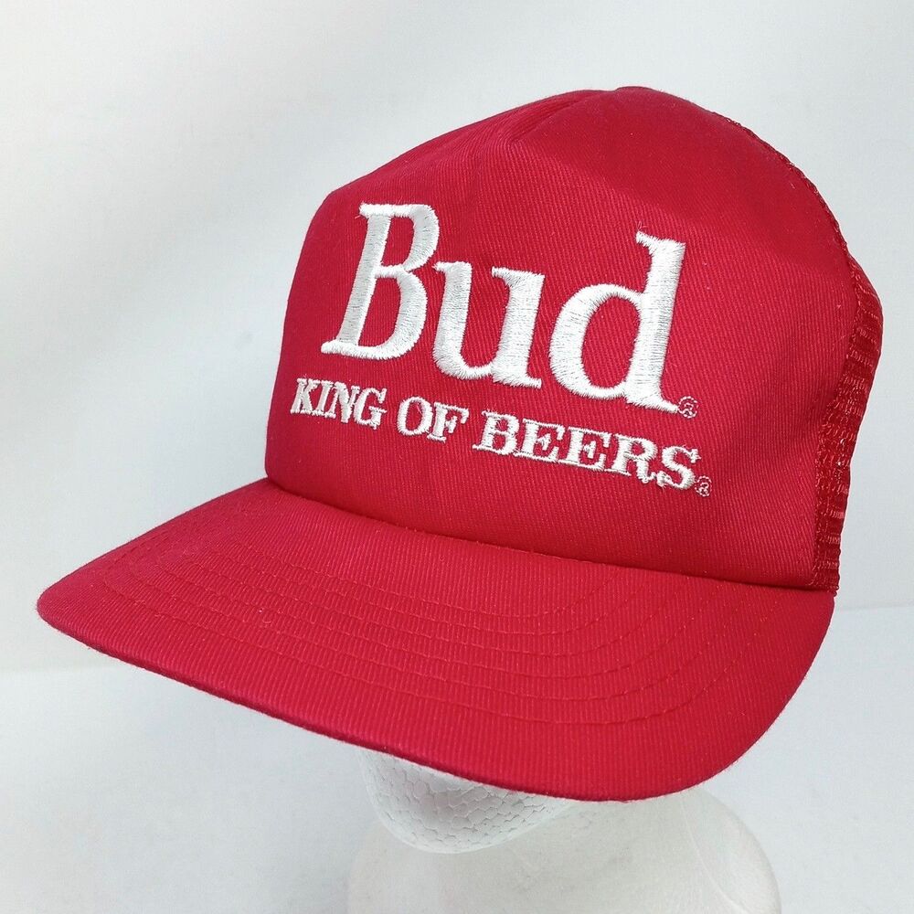 Vintage Bud King of Beers Trucker Snapback Red Hat Cap Made in USA Mesh Official